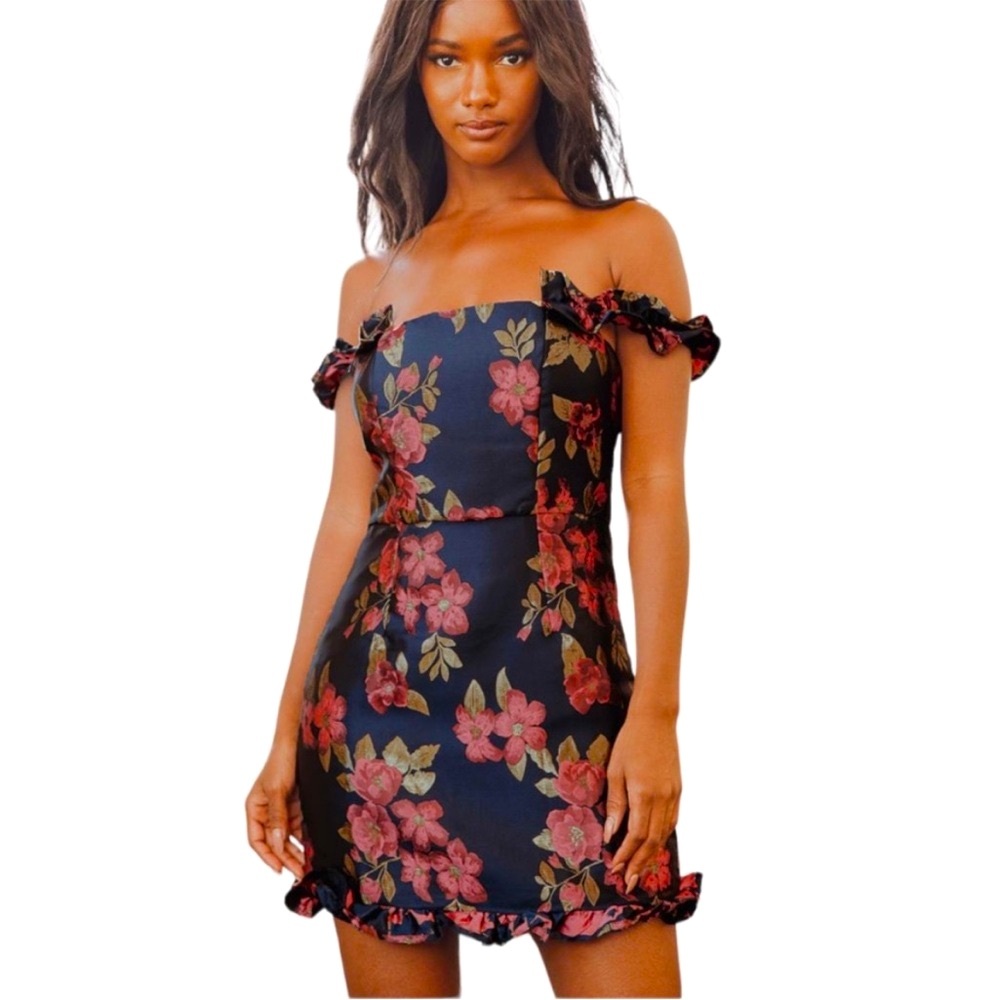 Lulu's Navy and Pink Off the Shoulder Floral Dress Ruffled NWT - Picture 13 of 14